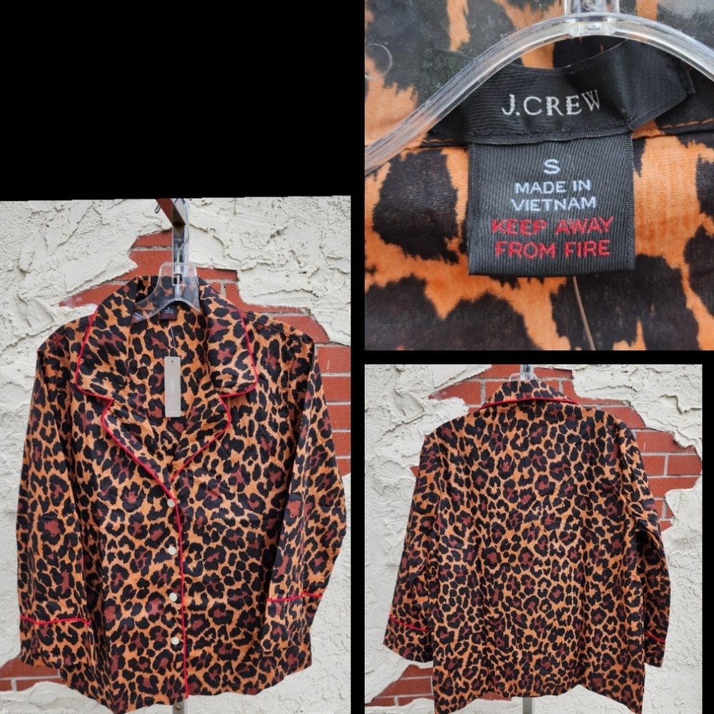 New SMALL J CREW animal print leopard button COTTON pajama top shirt lon…